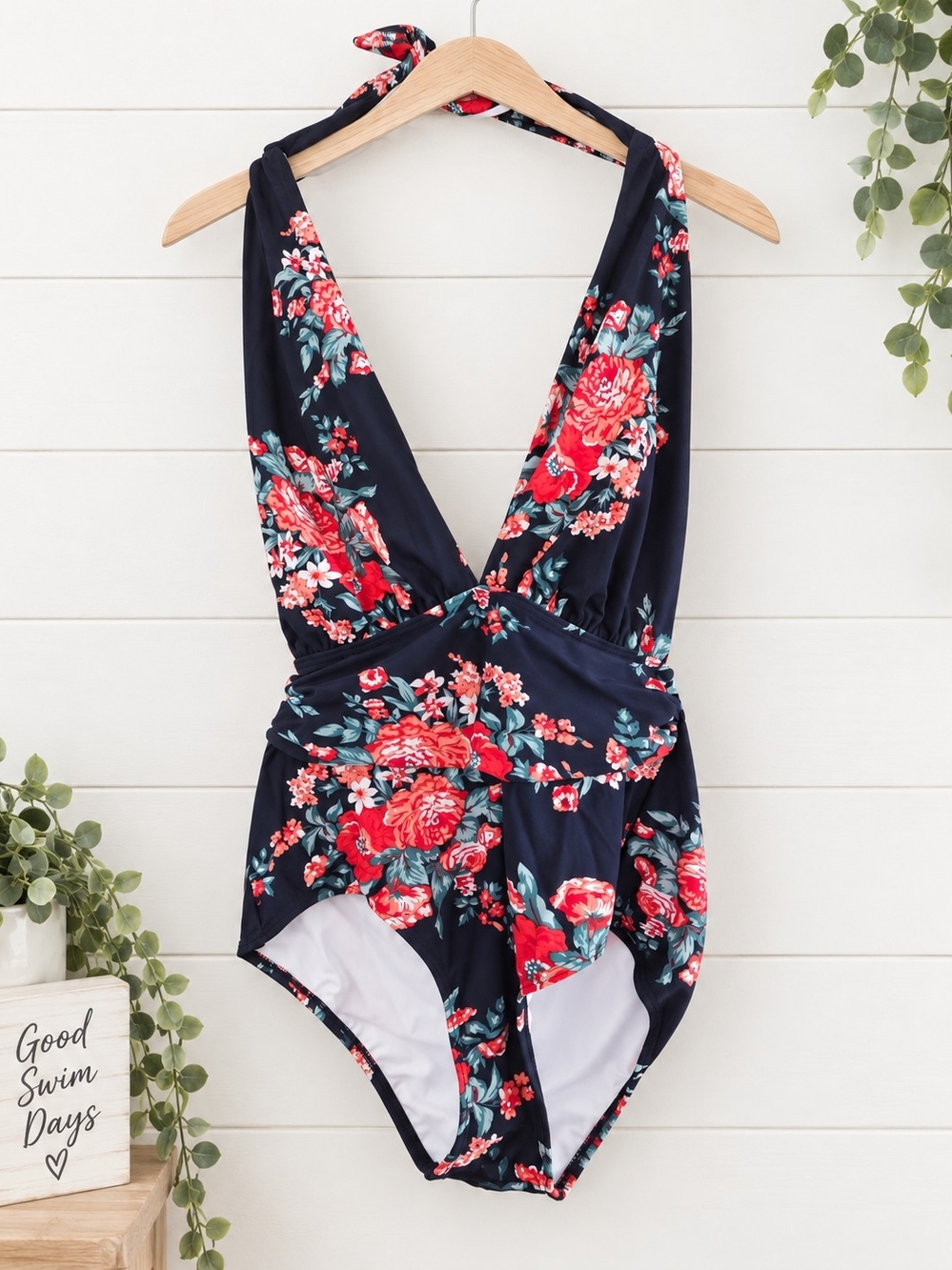 COCOSHIP Navy Floral Girls One-Piece Swimsuit with Red Roses